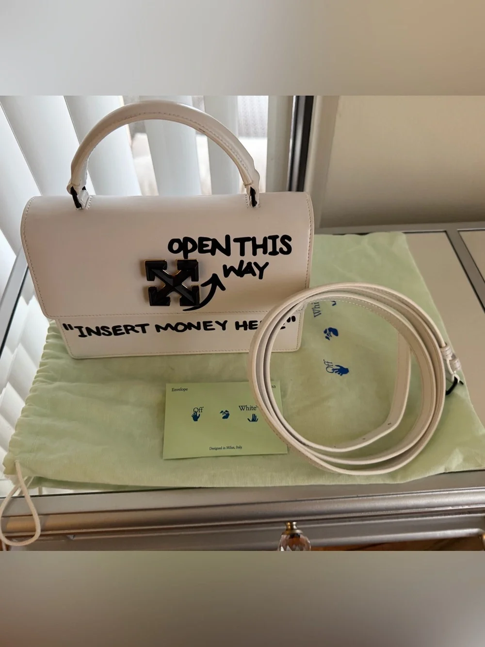 Off-White Jitney 1.4 Cash Inside White Leather Top Handle Crossbody Bag